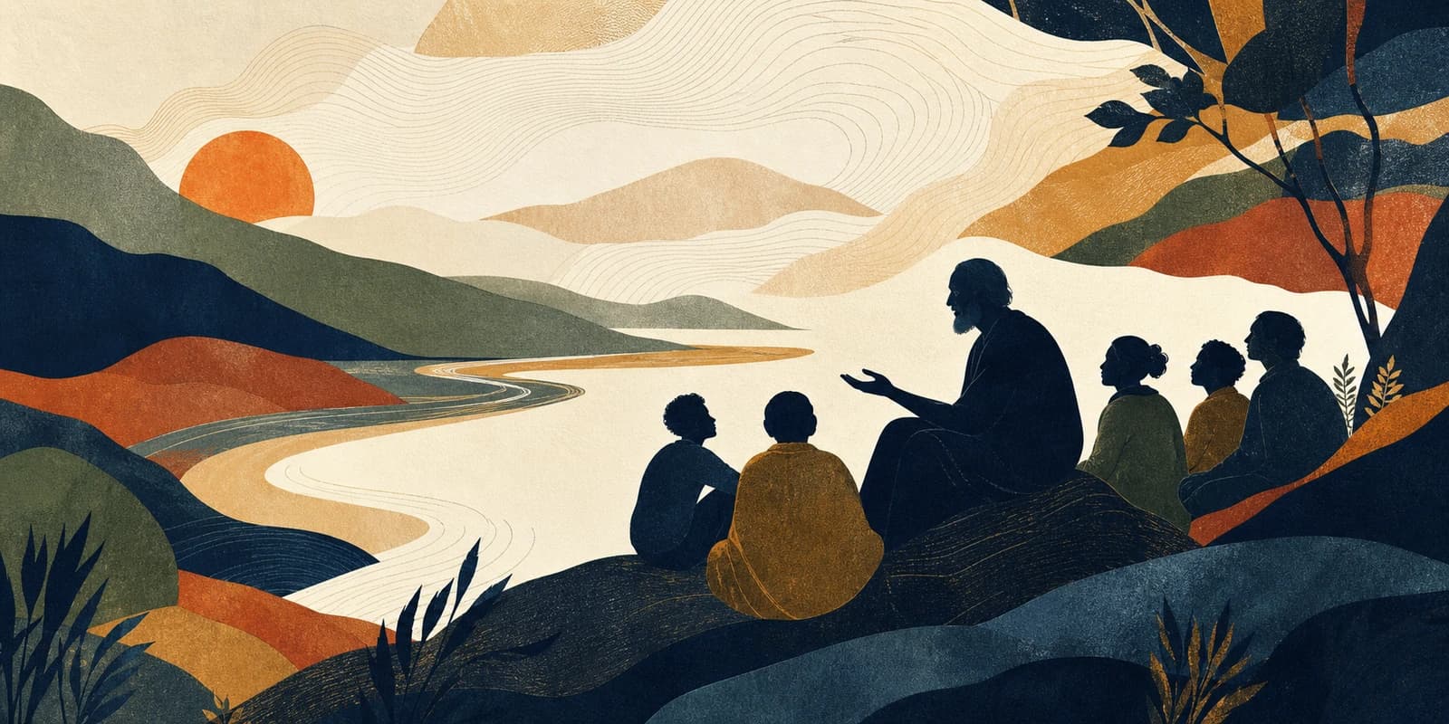 Layered editorial illustration of a storyteller, listeners, landscape, and a winding path